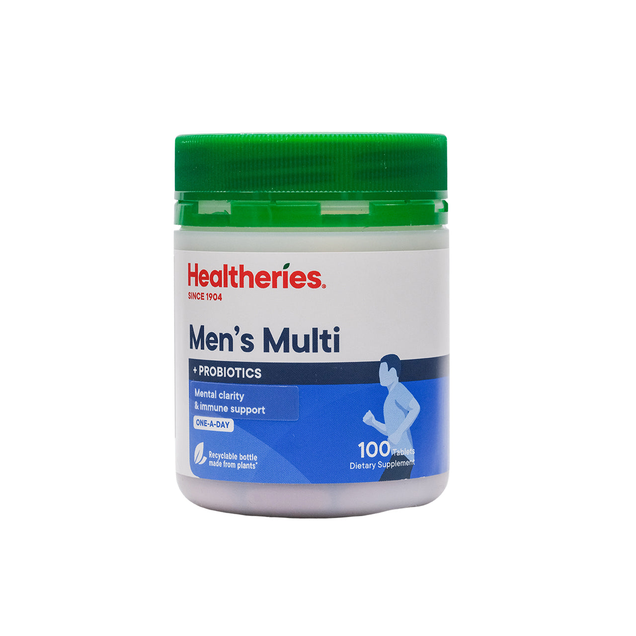 Healtheries Men's Multi with Probiotics: 100 tablets. Comprehensive daily supplement for men. Includes Tribulus and Zinc for immunity and sexual health. Tailored for high-stress lifestyles. No artificial additives. Contains probiotics for digestive health. Enhances endurance and vitality. 